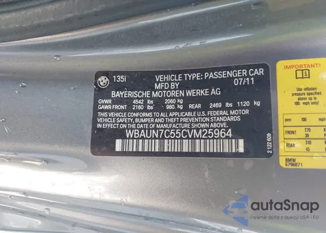 2012 BMW 135I z USA, uszkodzony, nr VIN WBAUN7C55CVM25964